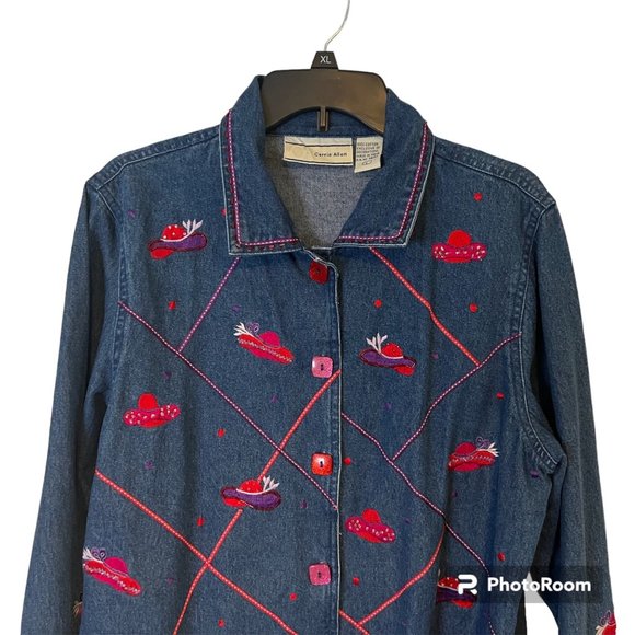 Carrie Allen Blue Jean Jacket Women Large Red Hat Society Beaded Red Hats Embroi - Picture 2 of 10